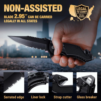 Legal Pocket Knife with 2.95” Serrated Blade, Glass Breaker, Seat Belt Cutter - EDC Sharp Folding Knives with Portable Clip - Small Tool for Tactical Camping Survival Hiking - Gifts for Men, Women