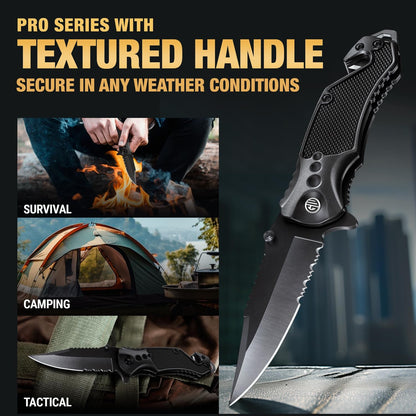 Legal Pocket Knife with 2.95” Serrated Blade, Glass Breaker, Seat Belt Cutter - EDC Sharp Folding Knives with Portable Clip - Small Tool for Tactical Camping Survival Hiking - Gifts for Men, Women