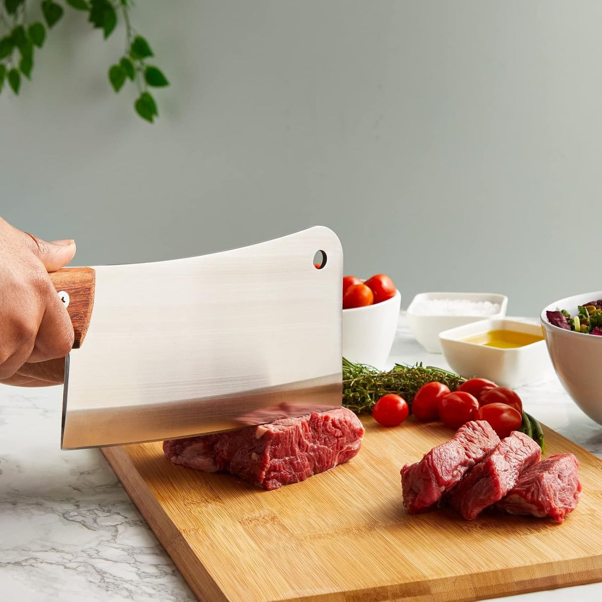 Meat Cleaver - 8-Inch Stainless Steel Blade, Wood Handle - Heavy-Duty Butcher Knife & Bone Cleaver for Beef Brisket, Meat Cutting & Chopping - Chopping Knife