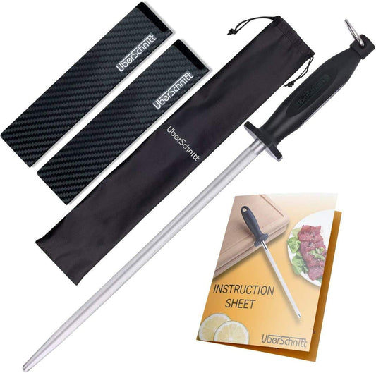 Top Chef’s 10' Knife Rod + Knife Guard Honing Steel Complete Kit | Professional Carbon Steel Honing Rod & Luxury Carry Bag – Universal Honing Rod/Stick for Kitchen, Butcher, Chef Knives and More(10)