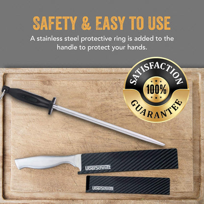 Top Chef’s 10' Knife Rod + Knife Guard Honing Steel Complete Kit | Professional Carbon Steel Honing Rod & Luxury Carry Bag – Universal Honing Rod/Stick for Kitchen, Butcher, Chef Knives and More(10)