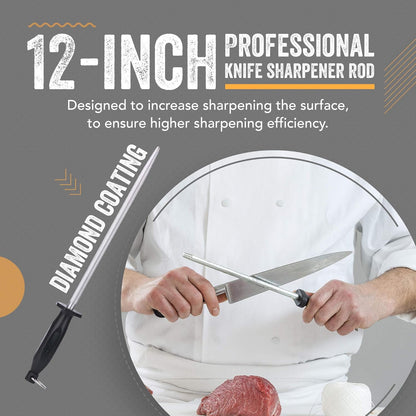 Top Chef’s 10' Knife Rod + Knife Guard Honing Steel Complete Kit | Professional Carbon Steel Honing Rod & Luxury Carry Bag – Universal Honing Rod/Stick for Kitchen, Butcher, Chef Knives and More(10)