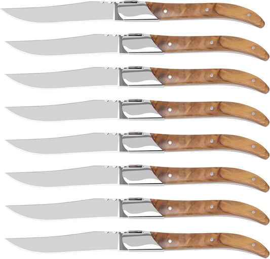 Laguiole Style Steak Knife Set of 8, Non-serrated Steak Knife Set with Olive Wood Handle, Sharp Stainless Steel Steak Knives with Gift Box, Dinner Cutlery Set for Home Party