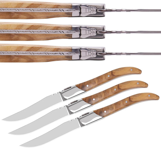 Laguiole Style Steak Knife Set of 8, Non-serrated Steak Knife Set with Olive Wood Handle, Sharp Stainless Steel Steak Knives with Gift Box, Dinner Cutlery Set for Home Party