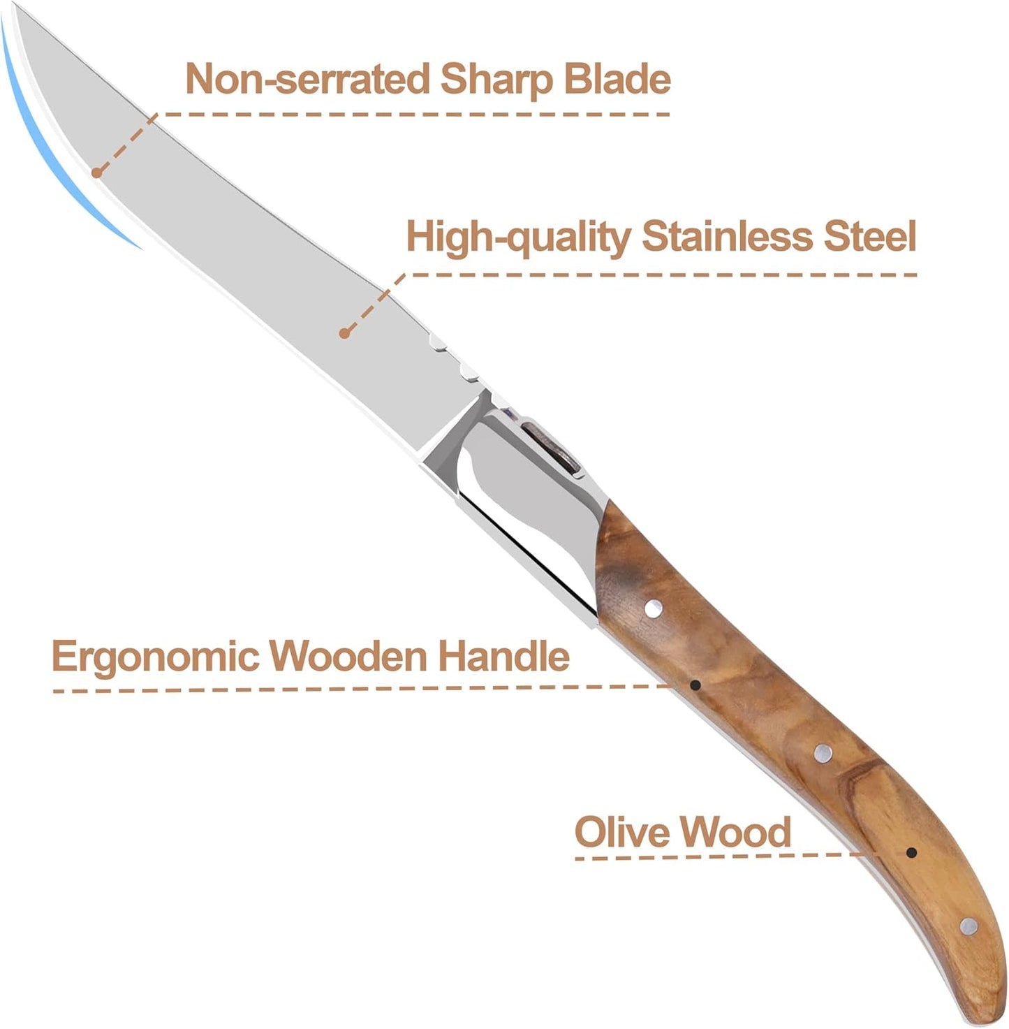 Laguiole Style Steak Knife Set of 8, Non-serrated Steak Knife Set with Olive Wood Handle, Sharp Stainless Steel Steak Knives with Gift Box, Dinner Cutlery Set for Home Party