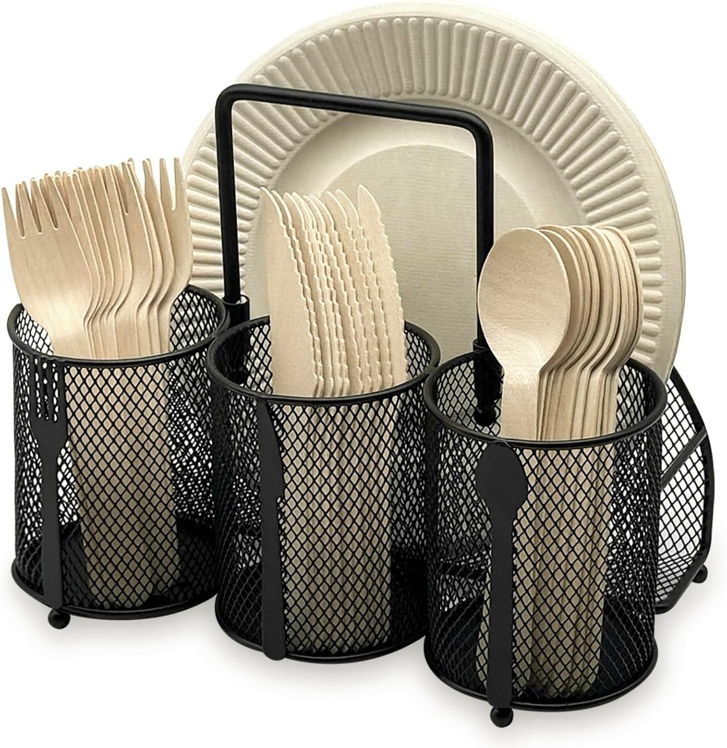 Utensil Caddy Silverware Holder - 4 Compartment Metal Mesh Cutlery Fork Spoon Napkin Plate Organizer Flatware Storage Basket Party Kitchen Countertop Buffet Picnic Camping Outdoor BBQ Black