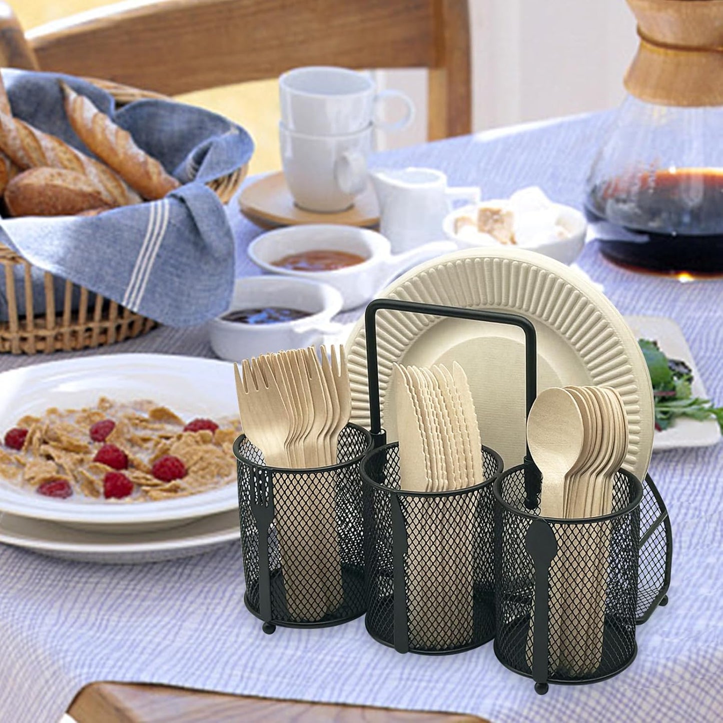 Utensil Caddy Silverware Holder - 4 Compartment Metal Mesh Cutlery Fork Spoon Napkin Plate Organizer Flatware Storage Basket Party Kitchen Countertop Buffet Picnic Camping Outdoor BBQ Black