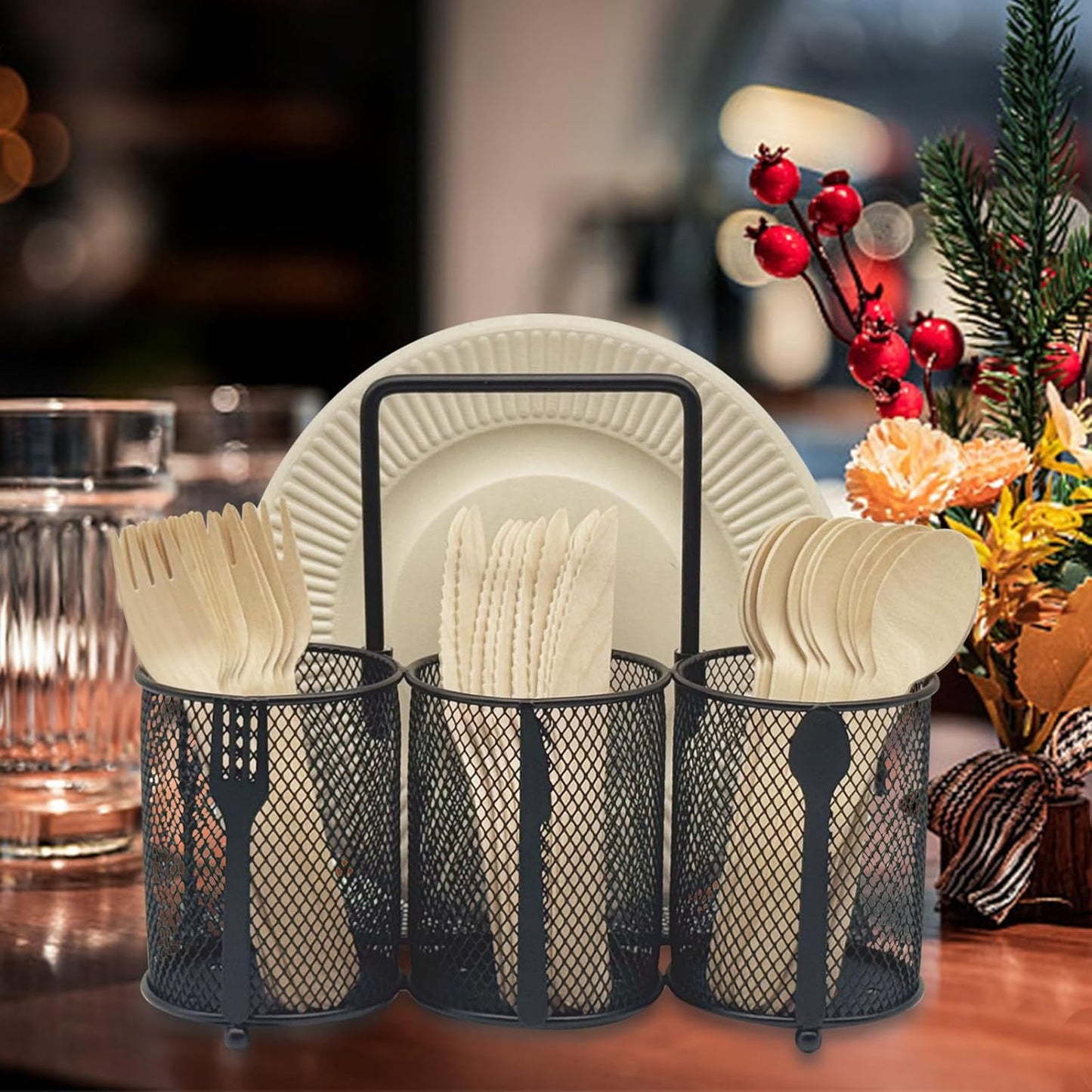 Utensil Caddy Silverware Holder - 4 Compartment Metal Mesh Cutlery Fork Spoon Napkin Plate Organizer Flatware Storage Basket Party Kitchen Countertop Buffet Picnic Camping Outdoor BBQ Black