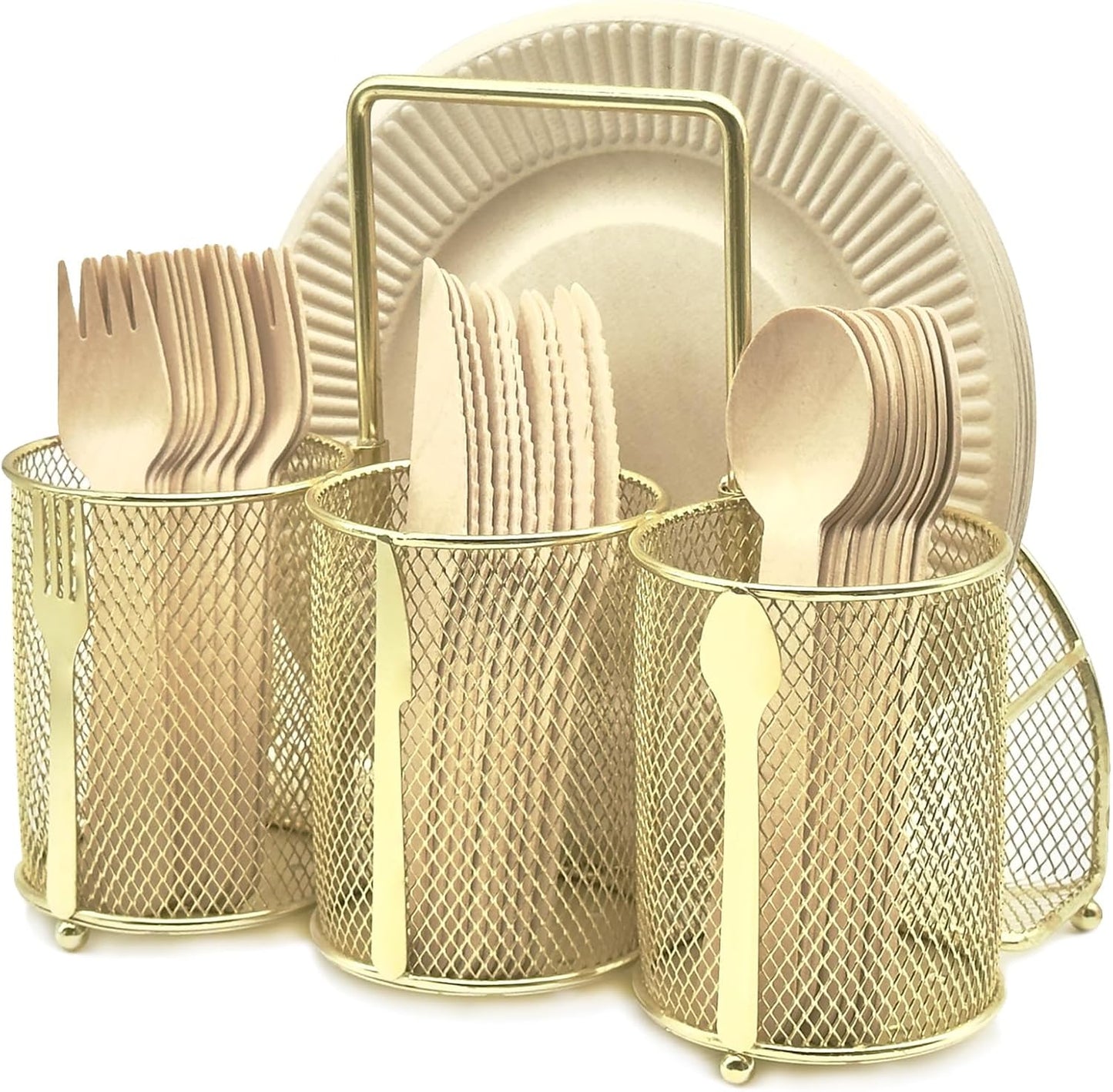 Utensil Caddy Silverware Holder - 4 Compartment Metal Mesh Cutlery Fork Spoon Napkin Plate Organizer Flatware Storage Basket Party Kitchen Countertop Buffet Picnic Camping Outdoor BBQ Black