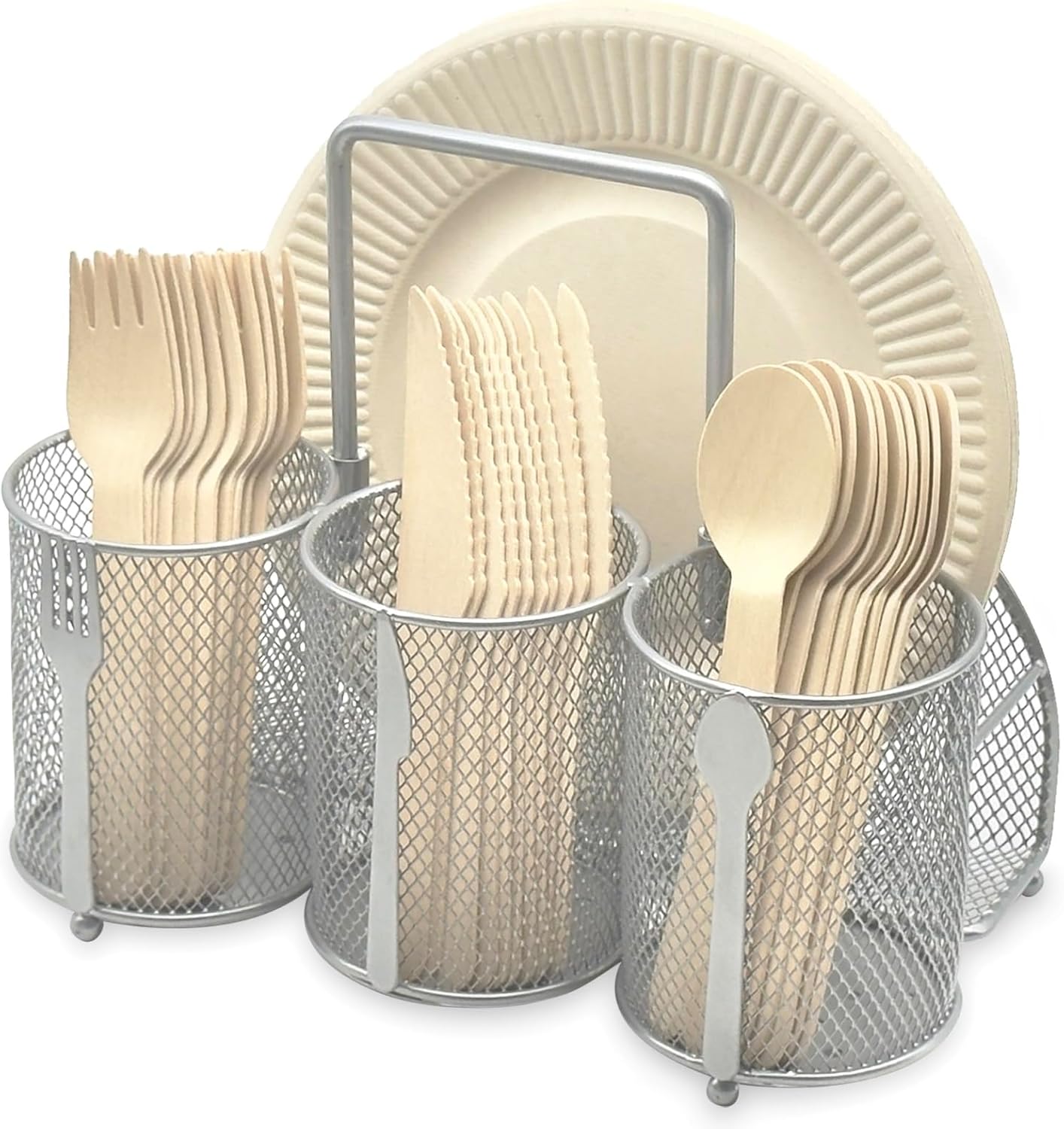 Utensil Caddy Silverware Holder - 4 Compartment Metal Mesh Cutlery Fork Spoon Napkin Plate Organizer Flatware Storage Basket Party Kitchen Countertop Buffet Picnic Camping Outdoor BBQ Black