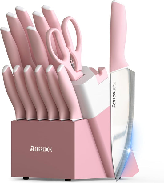 Knife Set, Kitchen Knives Set with Block and Sharpener 15 Pcs German Stainless Steel Knives Sharp Blade Dishwasher Safe Deba Knives with Ergonomic Handle, Crystal Pink