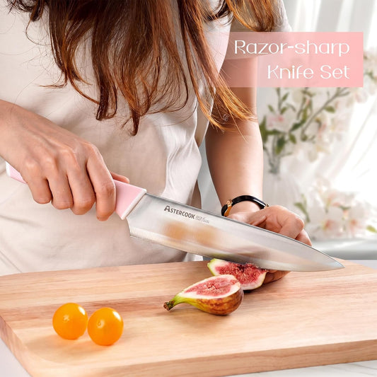 Knife Set, Kitchen Knives Set with Block and Sharpener 15 Pcs German Stainless Steel Knives Sharp Blade Dishwasher Safe Deba Knives with Ergonomic Handle, Crystal Pink