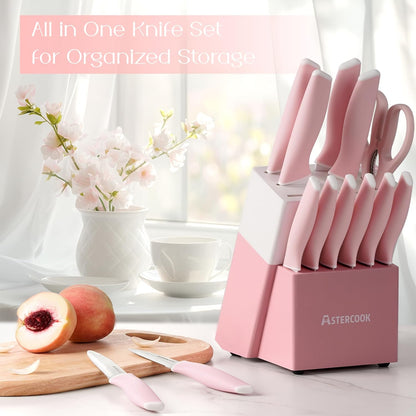 Knife Set, Kitchen Knives Set with Block and Sharpener 15 Pcs German Stainless Steel Knives Sharp Blade Dishwasher Safe Deba Knives with Ergonomic Handle, Crystal Pink