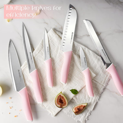 Knife Set, Kitchen Knives Set with Block and Sharpener 15 Pcs German Stainless Steel Knives Sharp Blade Dishwasher Safe Deba Knives with Ergonomic Handle, Crystal Pink