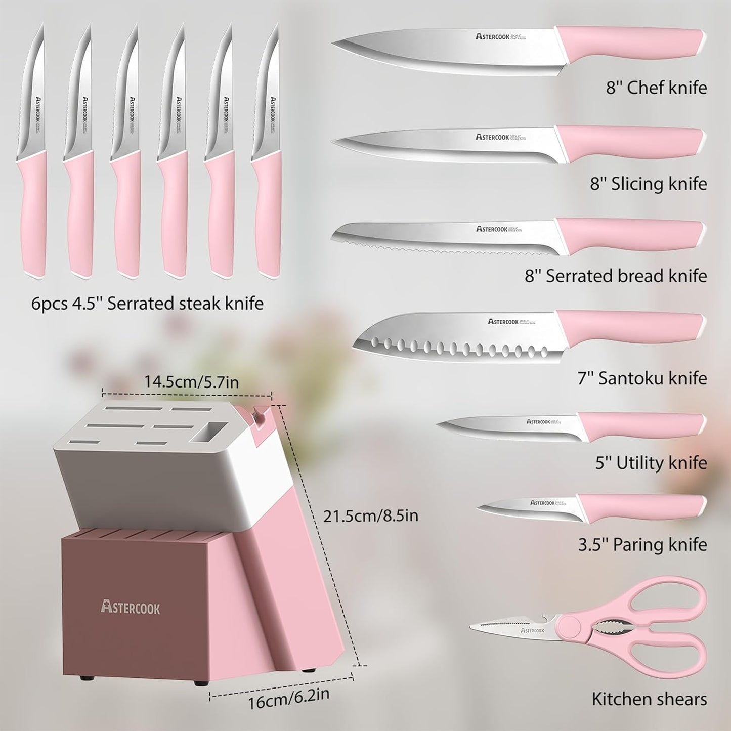 Knife Set, Kitchen Knives Set with Block and Sharpener 15 Pcs German Stainless Steel Knives Sharp Blade Dishwasher Safe Deba Knives with Ergonomic Handle, Crystal Pink