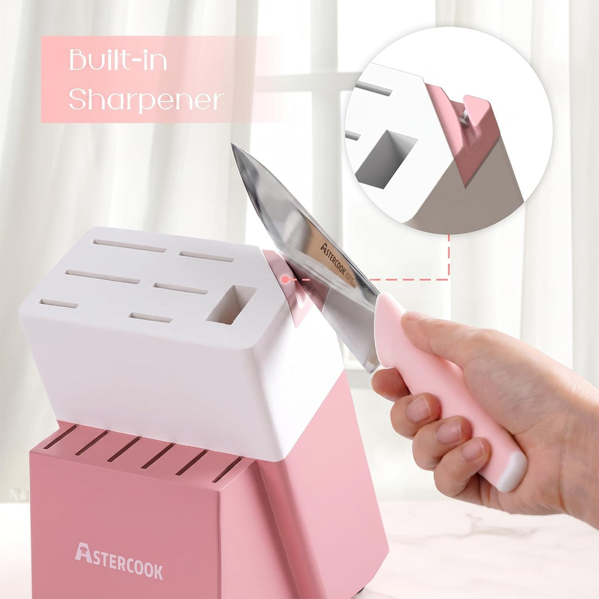 Knife Set, Kitchen Knives Set with Block and Sharpener 15 Pcs German Stainless Steel Knives Sharp Blade Dishwasher Safe Deba Knives with Ergonomic Handle, Crystal Pink