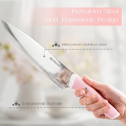 Knife Set, Kitchen Knives Set with Block and Sharpener 15 Pcs German Stainless Steel Knives Sharp Blade Dishwasher Safe Deba Knives with Ergonomic Handle, Crystal Pink