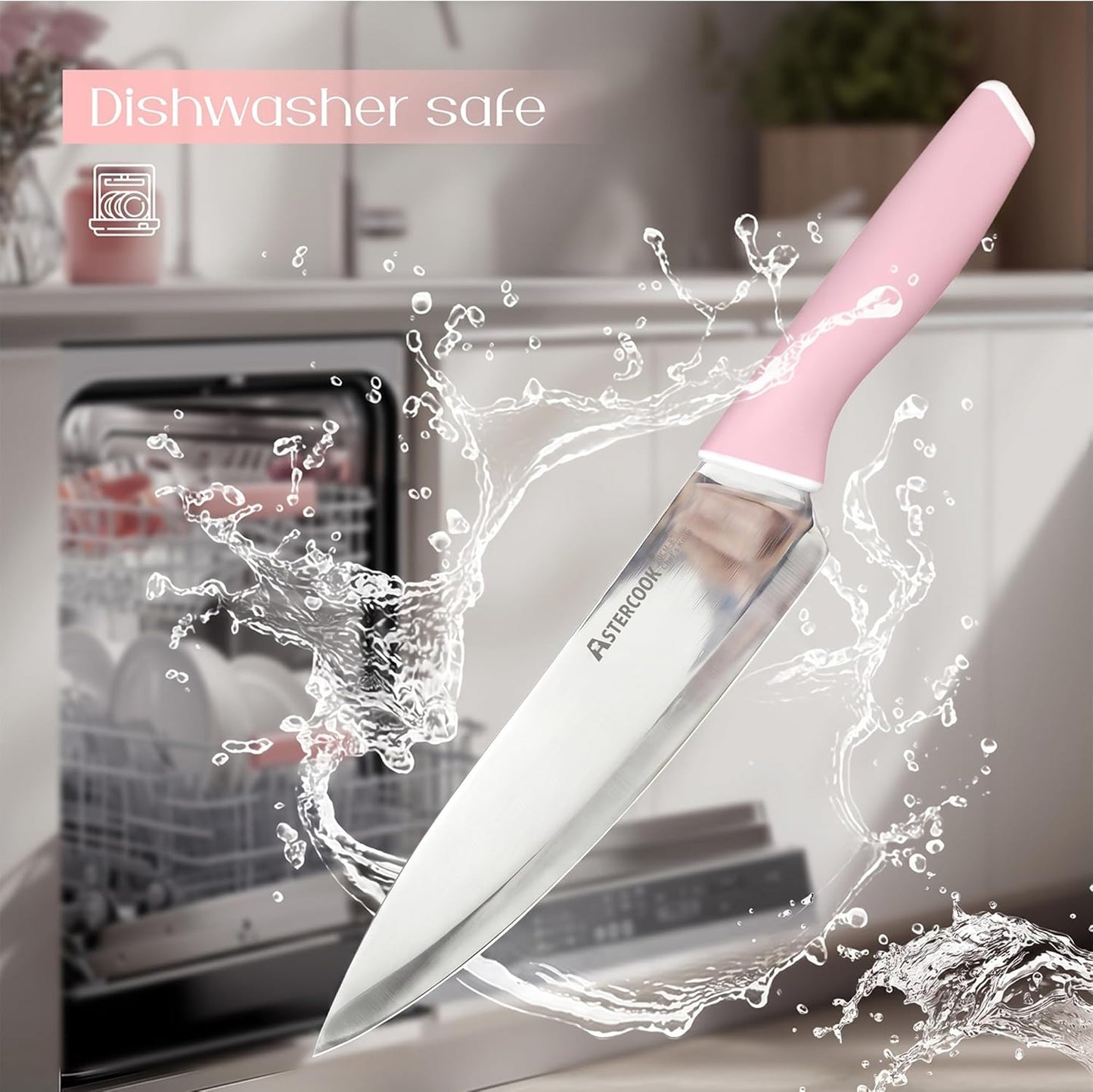 Knife Set, Kitchen Knives Set with Block and Sharpener 15 Pcs German Stainless Steel Knives Sharp Blade Dishwasher Safe Deba Knives with Ergonomic Handle, Crystal Pink