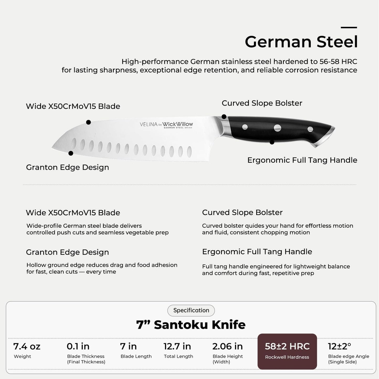 8” Chef Knife - German X50CrMoV15 Steel, Full Tang | For everyday cooking, including meat, vegetables and herbs. Balanced control. Dishwasher safe. Gift box included.