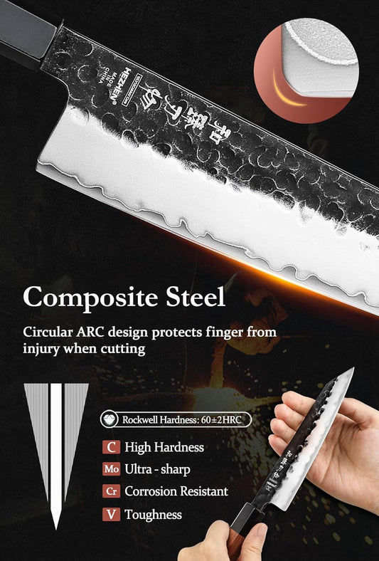 Kiritsuke Knife, 5.8 Inches Small Chef Knife, 3 Layers High Carbon Clad Steel, Composite Forging Steel Paring Knife, Redwood Octagonal Handle