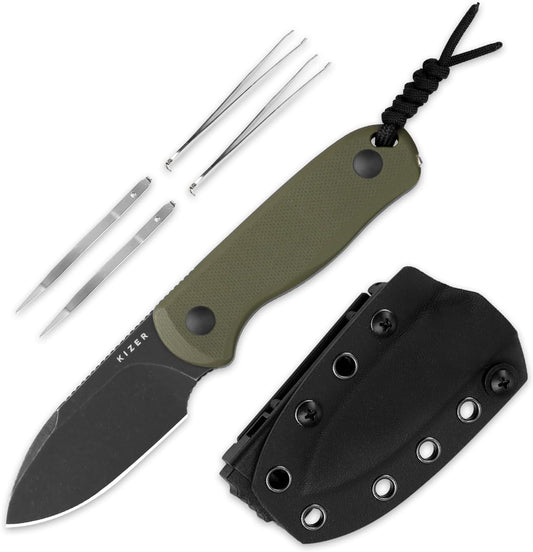 Drop Bear Fixed Blade Knife, 2.57" Black Stonewash D2 Blade EDC Camping Knife with Olive Green G10 Handle & Hidden Tool, Full Tang Hunting Survival Knives with Adjustable Kydex Sheath, 1094M1