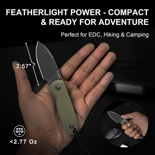 Drop Bear Fixed Blade Knife, 2.57" Black Stonewash D2 Blade EDC Camping Knife with Olive Green G10 Handle & Hidden Tool, Full Tang Hunting Survival Knives with Adjustable Kydex Sheath, 1094M1