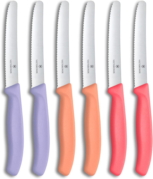 Swiss Classic, Tomato-Bread Knife Set, 6-pieces, sharp blade, serrated edge, 4.3 Inch, stainless steel, Lavender, Pink, Orange