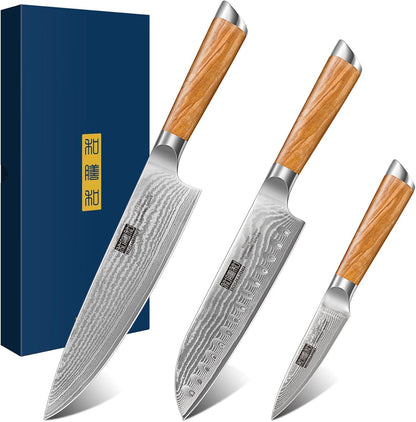 Damascus Kitchen Knife Set, Sharp Chef/Santoku/Fruit Knives