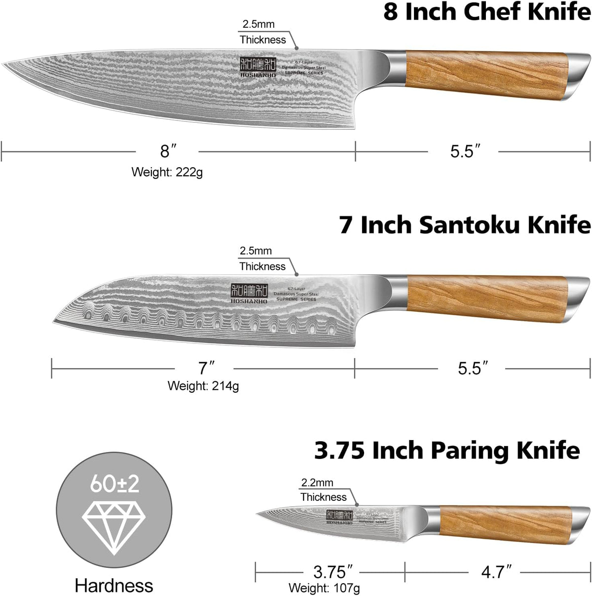 Damascus Kitchen Knife Set, Sharp Chef/Santoku/Fruit Knives
