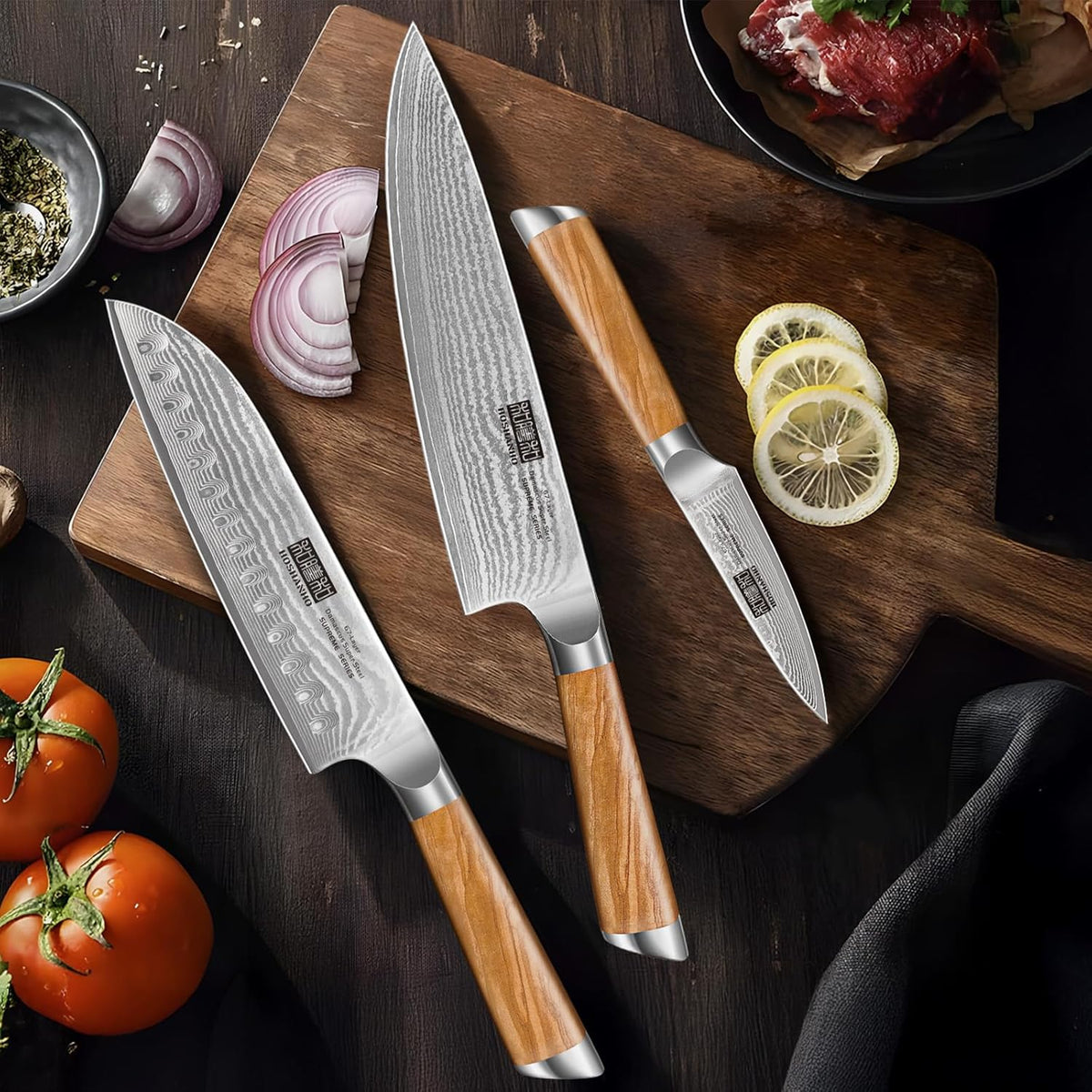 Damascus Kitchen Knife Set, Sharp Chef/Santoku/Fruit Knives