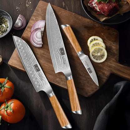 Damascus Kitchen Knife Set, Sharp Chef/Santoku/Fruit Knives