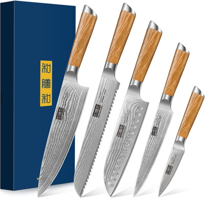 Damascus Kitchen Knife Set, Sharp Chef/Santoku/Fruit Knives