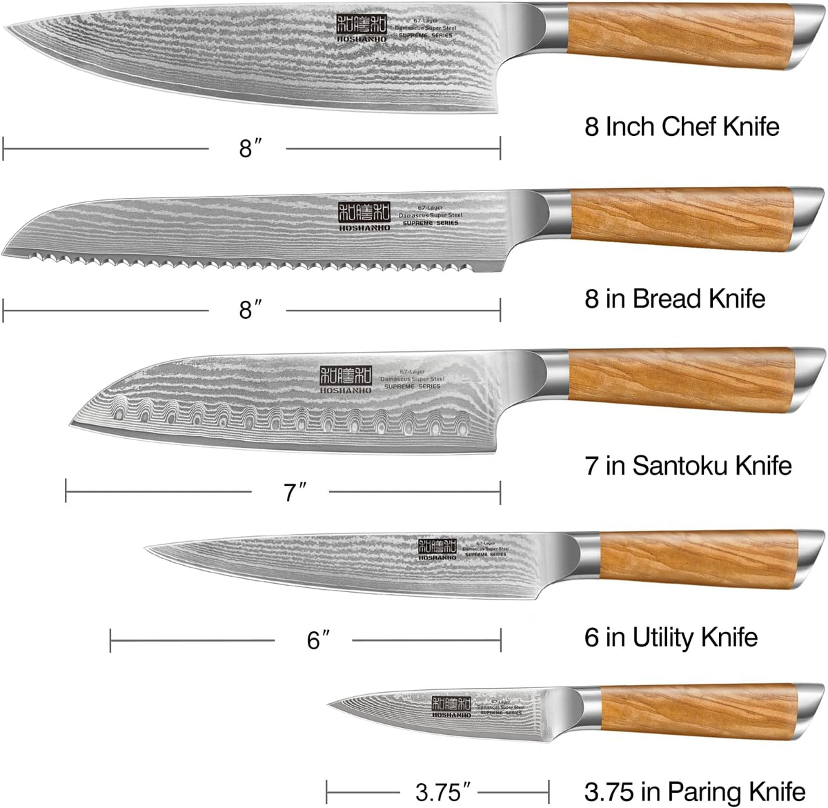 Damascus Kitchen Knife Set, Sharp Chef/Santoku/Fruit Knives