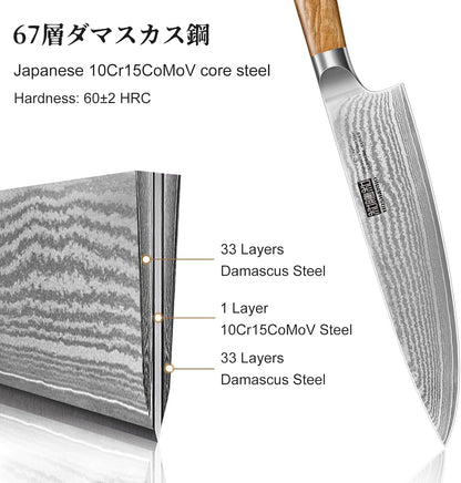 Damascus Kitchen Knife Set, Sharp Chef/Santoku/Fruit Knives