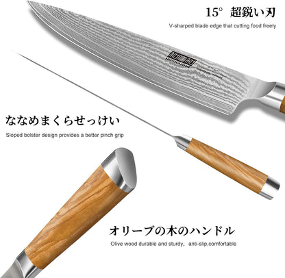 Damascus Kitchen Knife Set, Sharp Chef/Santoku/Fruit Knives