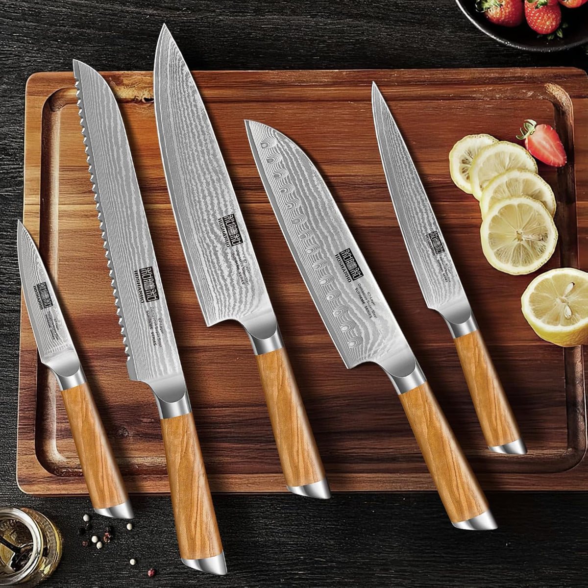 Damascus Kitchen Knife Set, Sharp Chef/Santoku/Fruit Knives