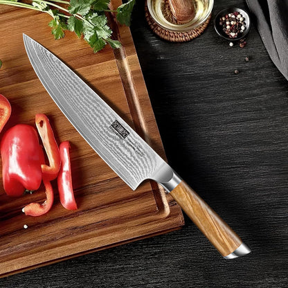 Damascus Kitchen Knife Set, Sharp Chef/Santoku/Fruit Knives