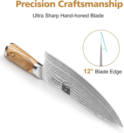 Damascus Kitchen Knife Set, Sharp Chef/Santoku/Fruit Knives