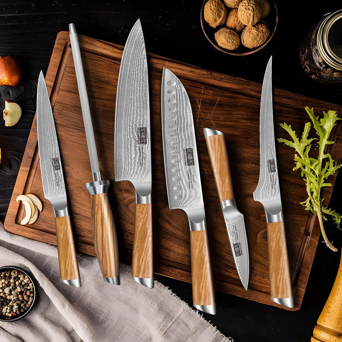 Damascus Kitchen Knife Set, Sharp Chef/Santoku/Fruit Knives