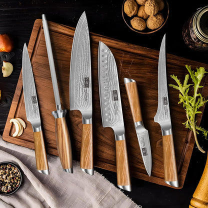 Damascus Kitchen Knife Set, Sharp Chef/Santoku/Fruit Knives