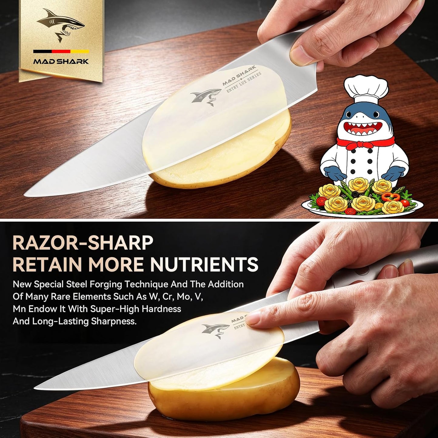 8 Inch Chef Knife, Professional Ultra Sharp Kitchen Knife | German High Carbon Steel Knife, Ergonomic Handle for Meat, Vegetables Cooking Knife for Mens, Mom & Dad Birthday Gifts