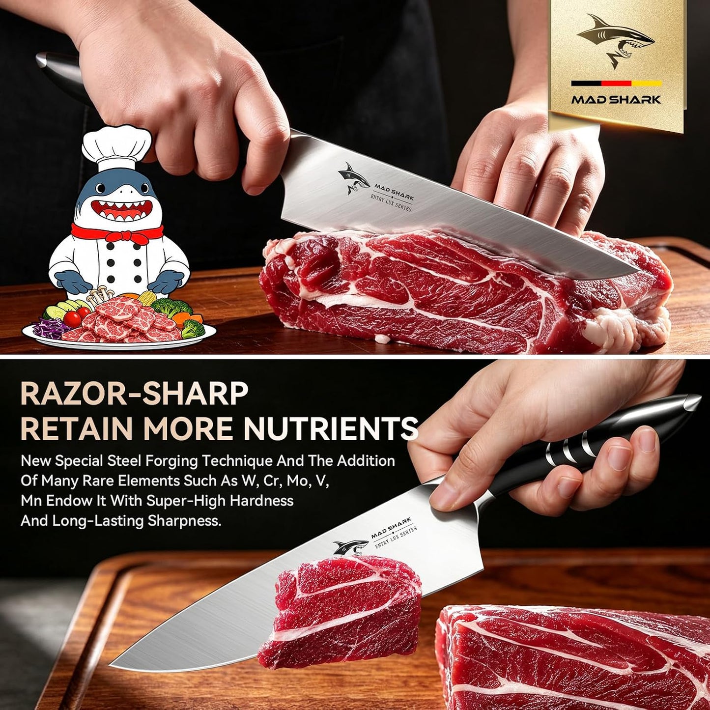 8 Inch Chef Knife, Professional Ultra Sharp Kitchen Knife | German High Carbon Steel Knife, Ergonomic Handle for Meat, Vegetables Cooking Knife for Mens, Mom & Dad Birthday Gifts