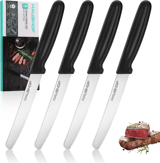 Steak Knives Set of 4, Sharp Serrated Steak Knives, Premium Stainless Steel Steak Knife Set with Gift Box, Black Handle