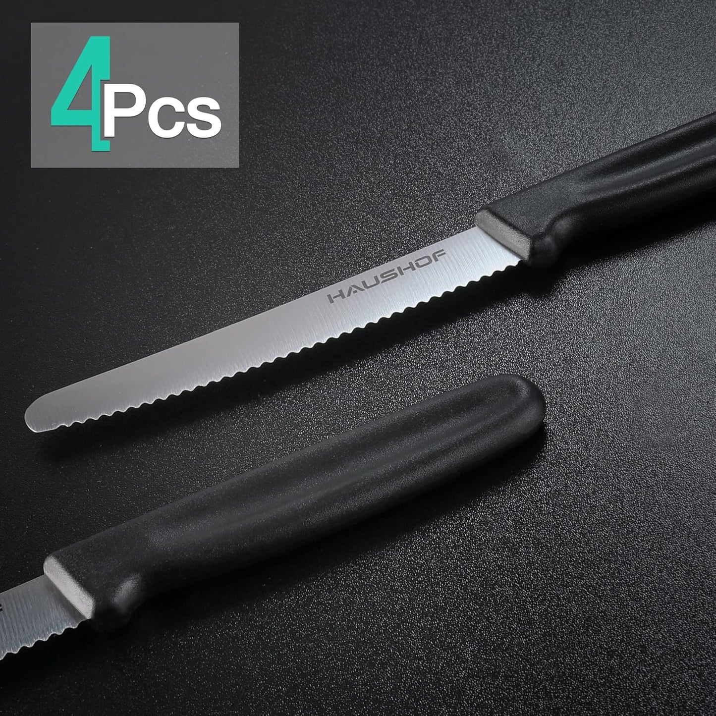 Steak Knives Set of 4, Sharp Serrated Steak Knives, Premium Stainless Steel Steak Knife Set with Gift Box, Black Handle