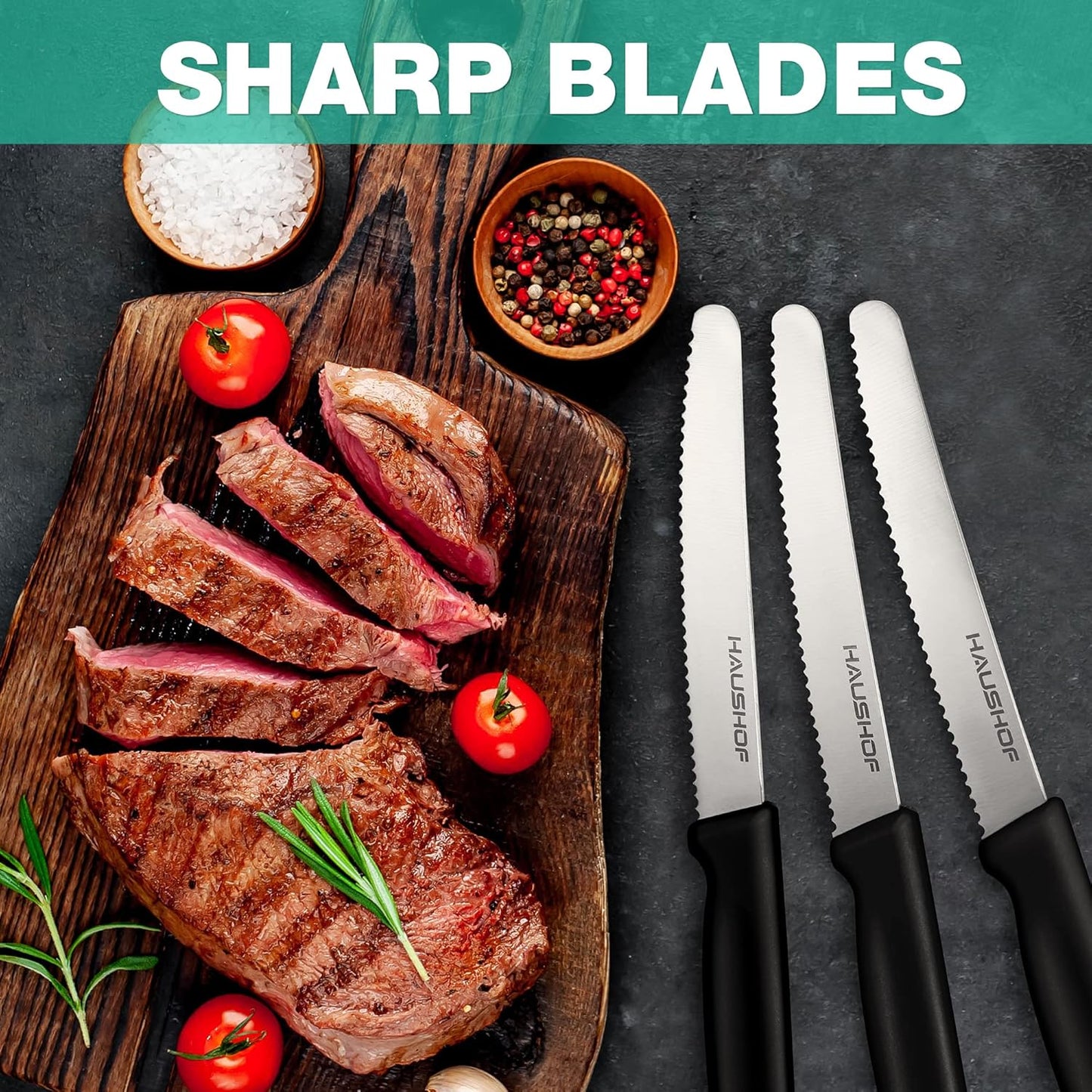 Steak Knives Set of 4, Sharp Serrated Steak Knives, Premium Stainless Steel Steak Knife Set with Gift Box, Black Handle