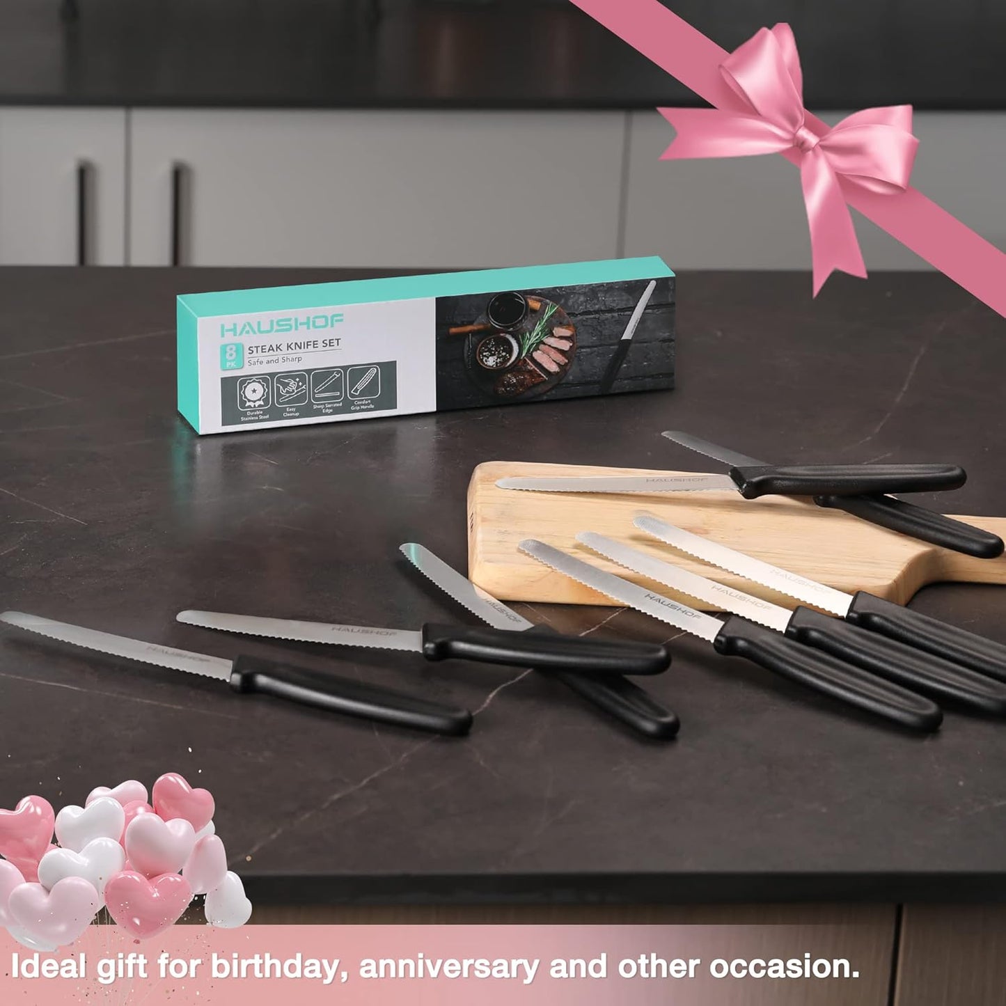 Steak Knives Set of 4, Sharp Serrated Steak Knives, Premium Stainless Steel Steak Knife Set with Gift Box, Black Handle