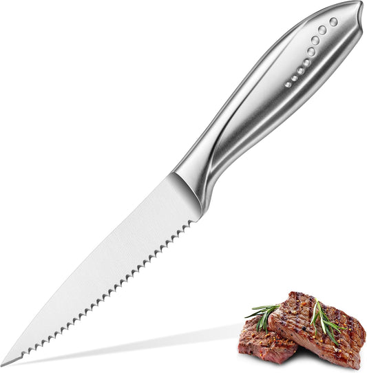 Utility Knife, 4 Inch Serrated Paring Knife with Super Sharp High Carbon Stainless Steel Blade for Fruit Vegetable Cutting Peeling Slicing – Silver