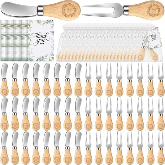 24 Set Thank You Cheese Knives Forks Gifts 4.8" Cheese Spreader Knife Utensils with Tags Bags Stainless Steel Knife with Wood Handle for Baby Shower Wedding Party Favors Home Kitchen Decor