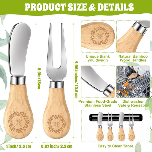 24 Set Thank You Cheese Knives Forks Gifts 4.8" Cheese Spreader Knife Utensils with Tags Bags Stainless Steel Knife with Wood Handle for Baby Shower Wedding Party Favors Home Kitchen Decor