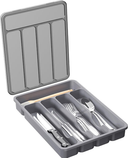 Silverware Organizer with Lid, Covered Utensil Tray for Kitchen Drawer and Countertop, Plastic Cutlery and Flatware Storage Box for Spoons Forks Knives Holder Case, 12.6x11.8", Black